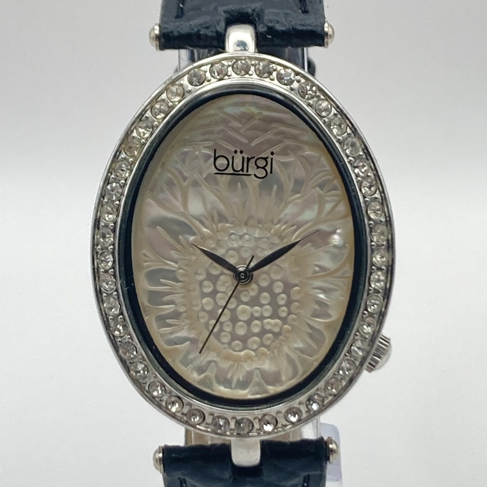 Burgi Women's Watch Silver Tone Crystals Floral Dial 33mm Oval New Battery 8.75"